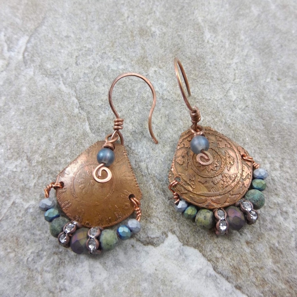Etched copper, jasper, and crystal earrings